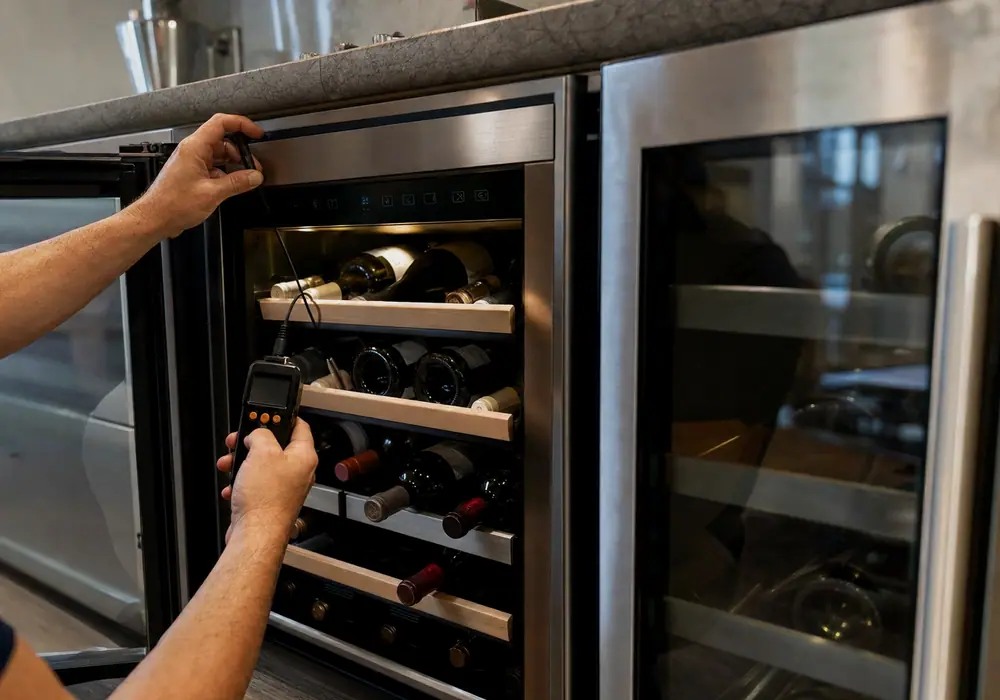 A Rancho Santa Fe custom wine cooler repair call, diagnosed with the unit still in its opening